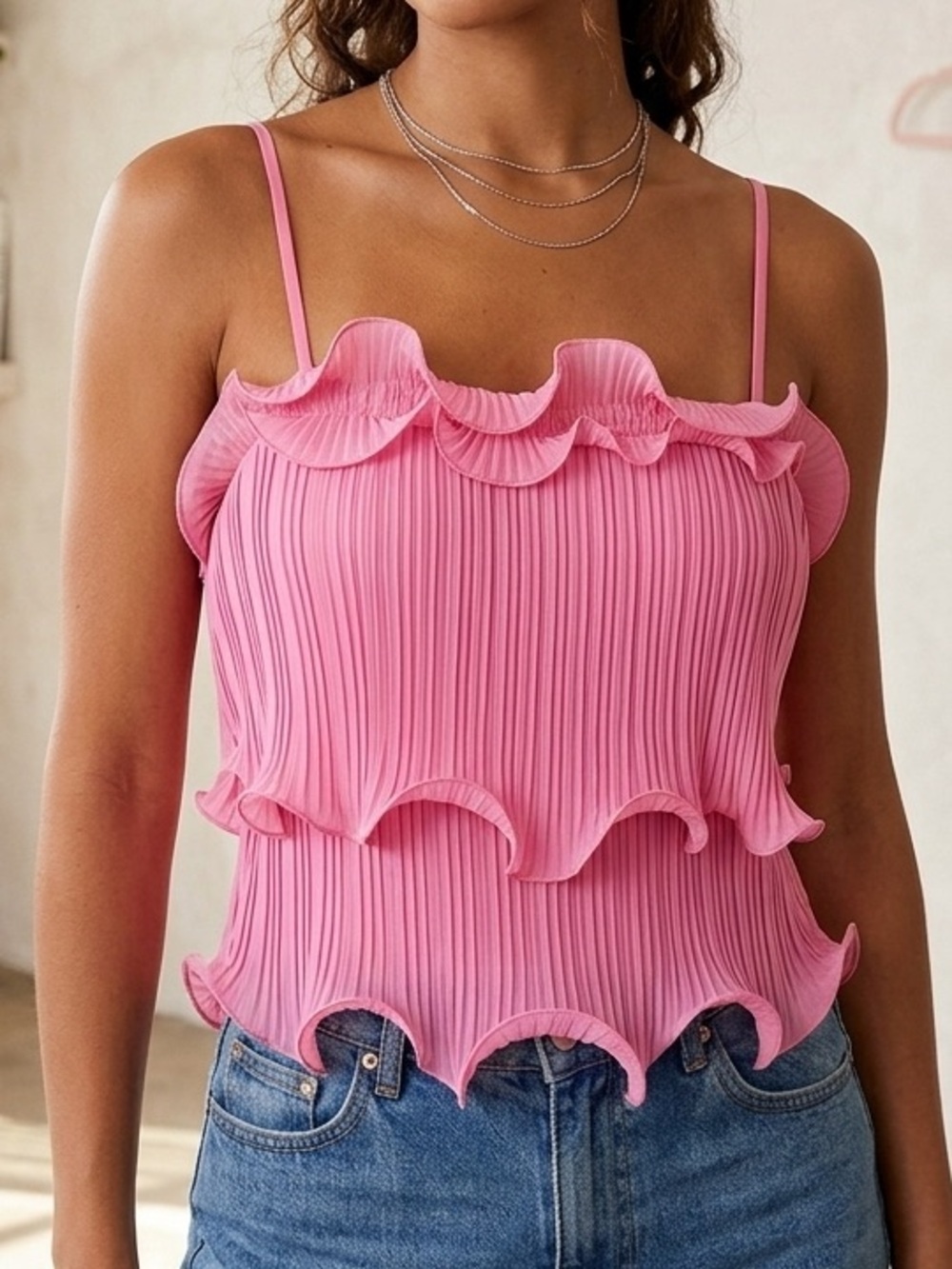 NWT Lush Pink Pleated Ruffle-Edge Cami